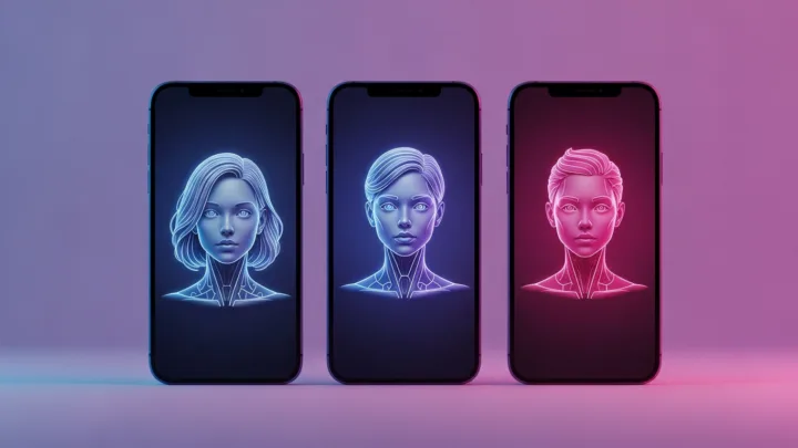 AI girlfriend apps reviewed after 30 days — three smartphones each showing a glowing AI companion avatar, honest comparison test 2026