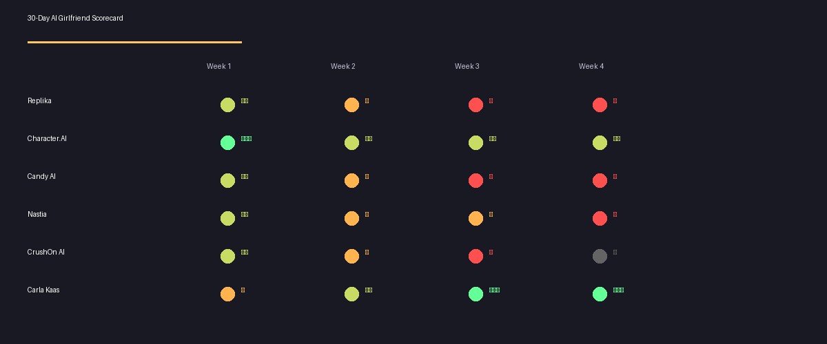 AI Girlfriend 30-Day Scorecard showing weekly ratings for Replika, Character.AI, Candy AI, Nastia, CrushOn AI, and Carla Kaas
