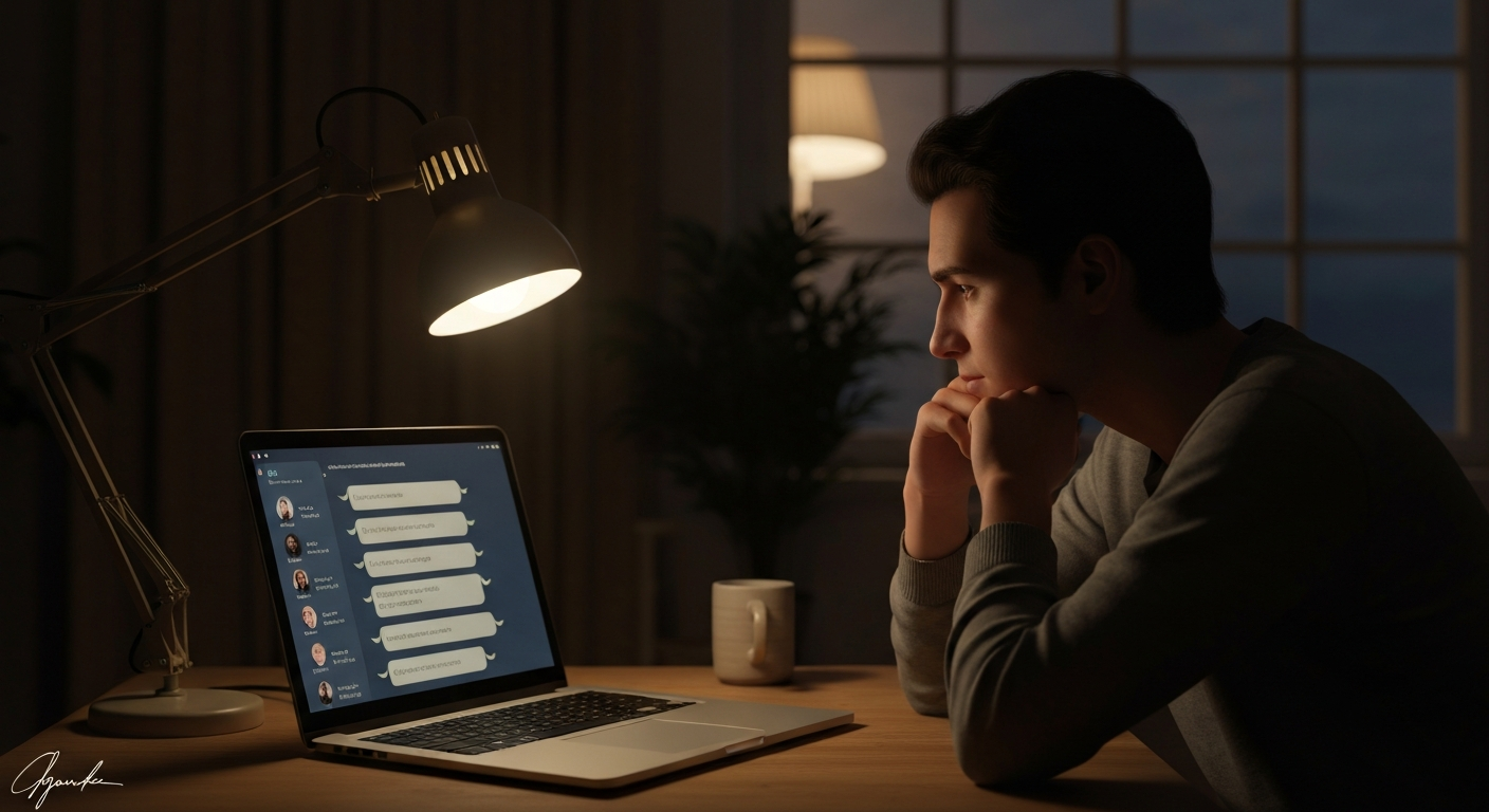 A person testing AI companion platforms late at night on a laptop, illuminated by screen light in a cozy room