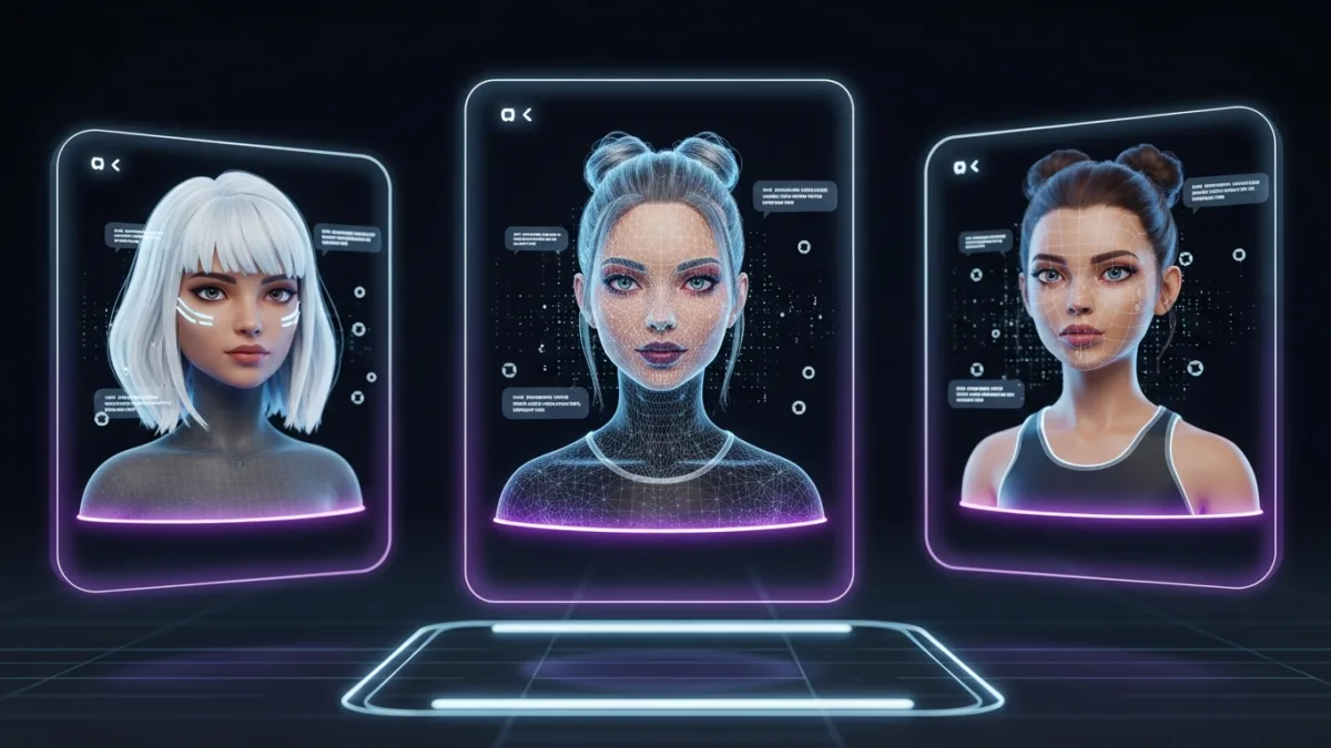 AI-generated digital fashion model avatars shown as holographic wireframe portraits inside futuristic UI panels — synthetic virtual influencers ranked in 2026