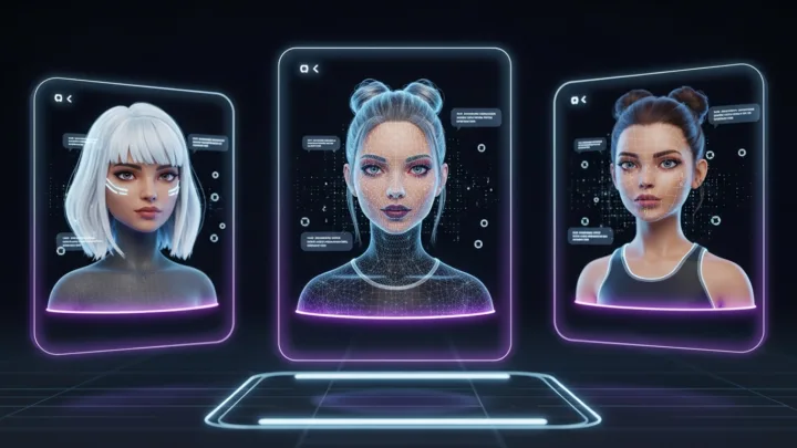 AI-generated digital fashion model avatars shown as holographic wireframe portraits inside futuristic UI panels — synthetic virtual influencers ranked in 2026