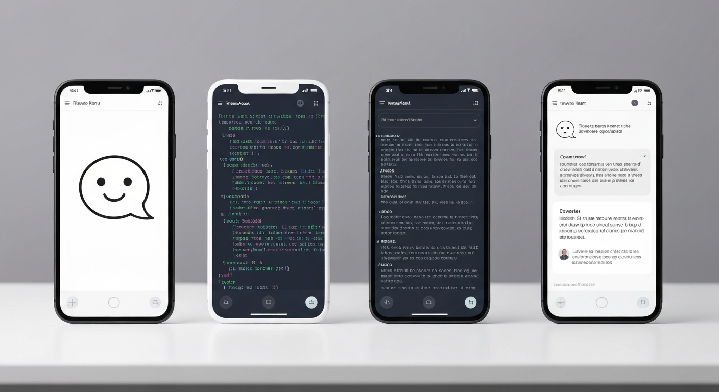 Three smartphones side by side on a desk showing different AI chatbot interfaces being compared during testing