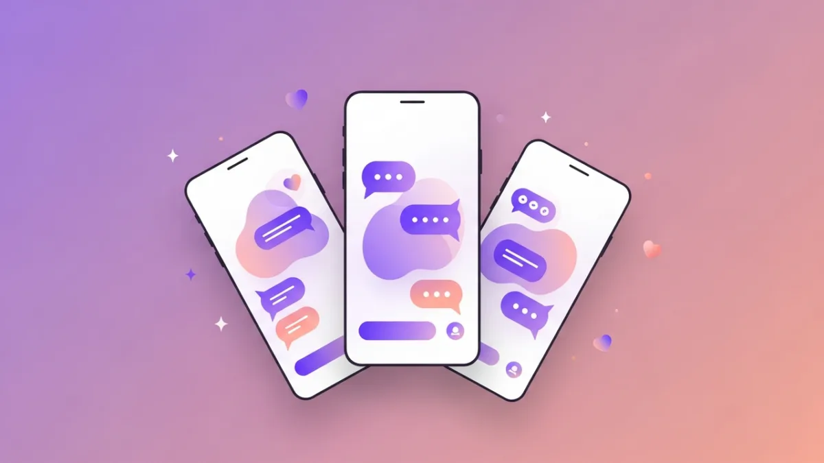 Three smartphones showing AI companion chat app interfaces with purple and pink chat bubbles, representing the best Character.AI alternatives in 2026 Three smartphones showing AI companion chat app interfaces with purple and pink chat bubbles, representing the best Character.AI alternatives in 2026