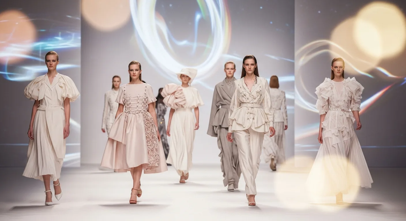 High-fashion runway studio scene illustrating the diverse aesthetics of AI fashion models