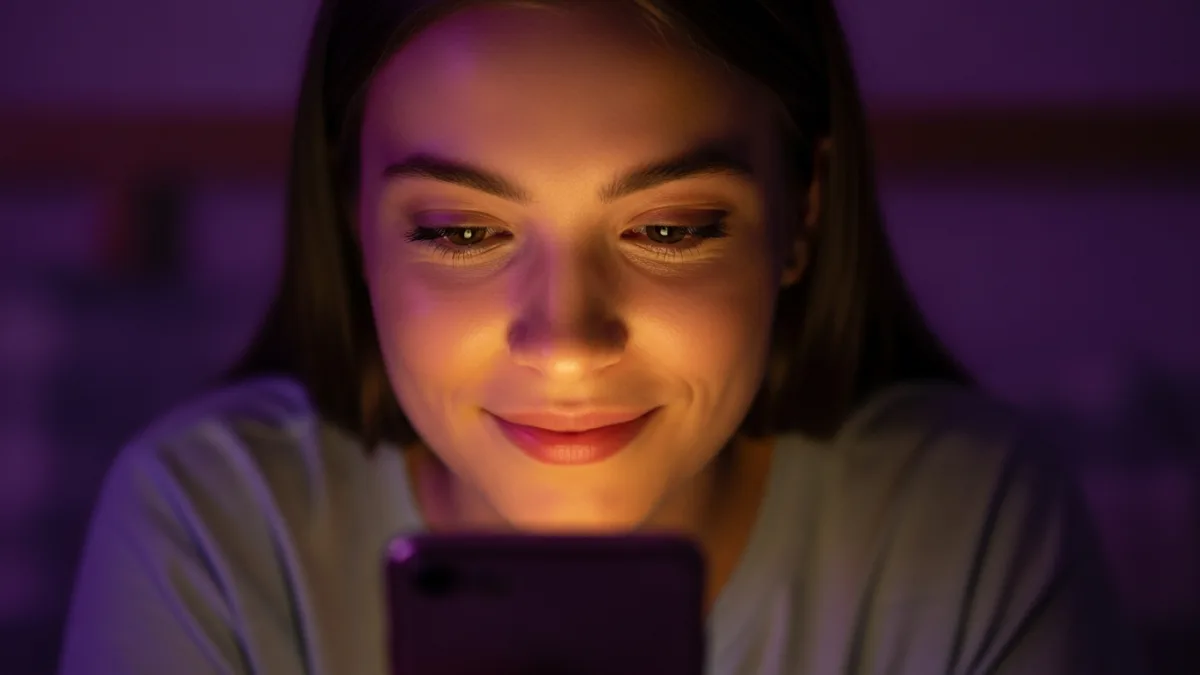 A young woman smiling softly while looking at her smartphone in a cozy, dimly lit bedroom at night, the screen's warm glow lighting her face — evoking emotional companionship.
