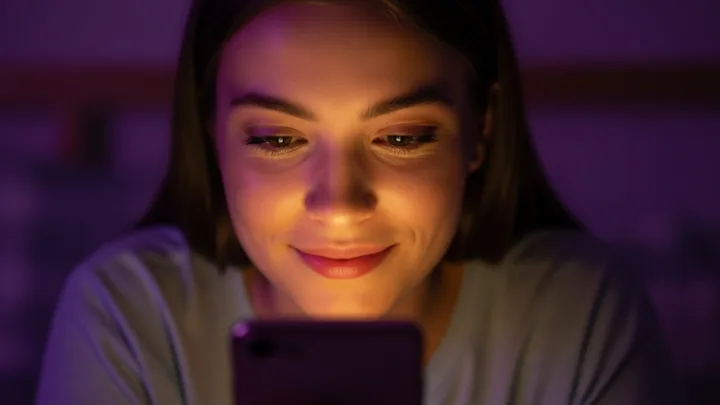 A young woman smiling softly while looking at her smartphone in a cozy, dimly lit bedroom at night, the screen's warm glow lighting her face — evoking emotional companionship.