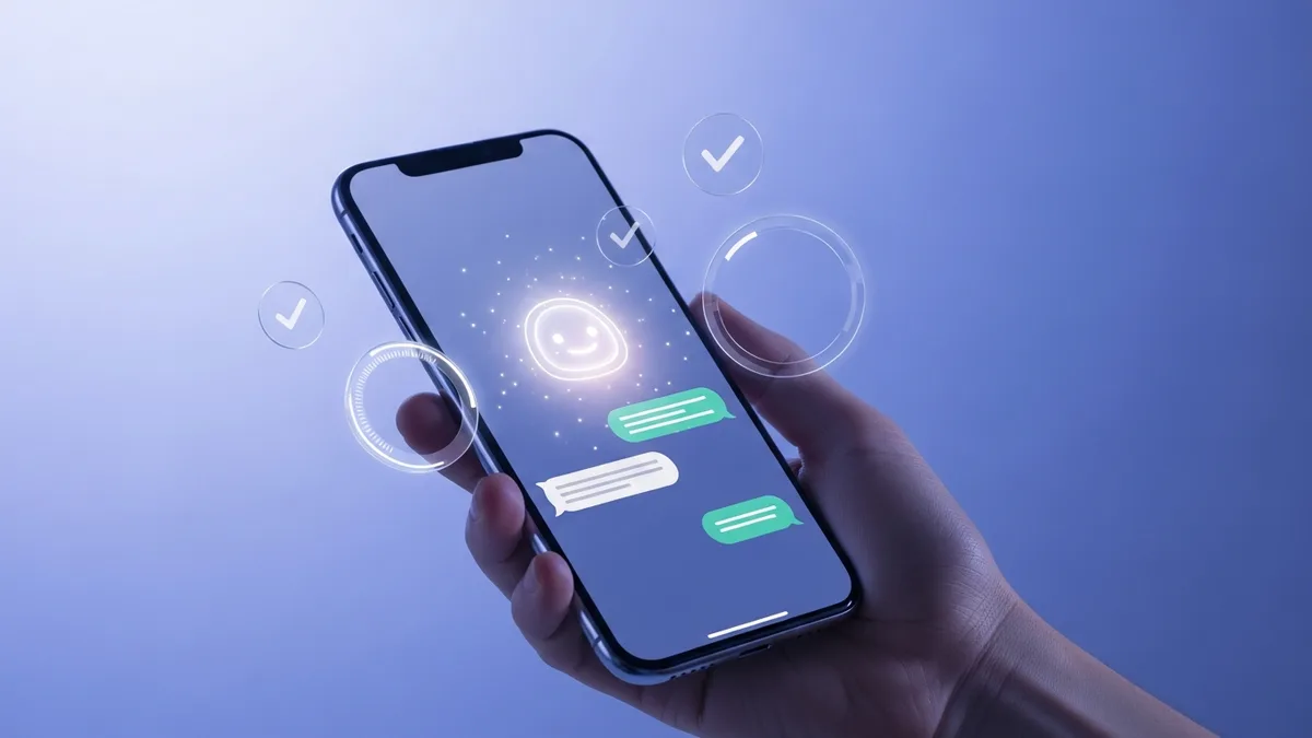 Hand holding a smartphone showing an AI companion chat with floating checkmark and rating badges, representing independent app scoring Hand holding a smartphone showing an AI companion chat with floating checkmark and rating badges, representing independent app scoring