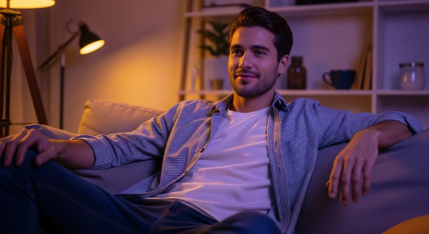 A young man relaxing contentedly on his sofa at night in a warmly lit apartment, conveying calm companionship at home. A young man relaxing contentedly on his sofa at night in a warmly lit apartment, conveying calm companionship at home.
