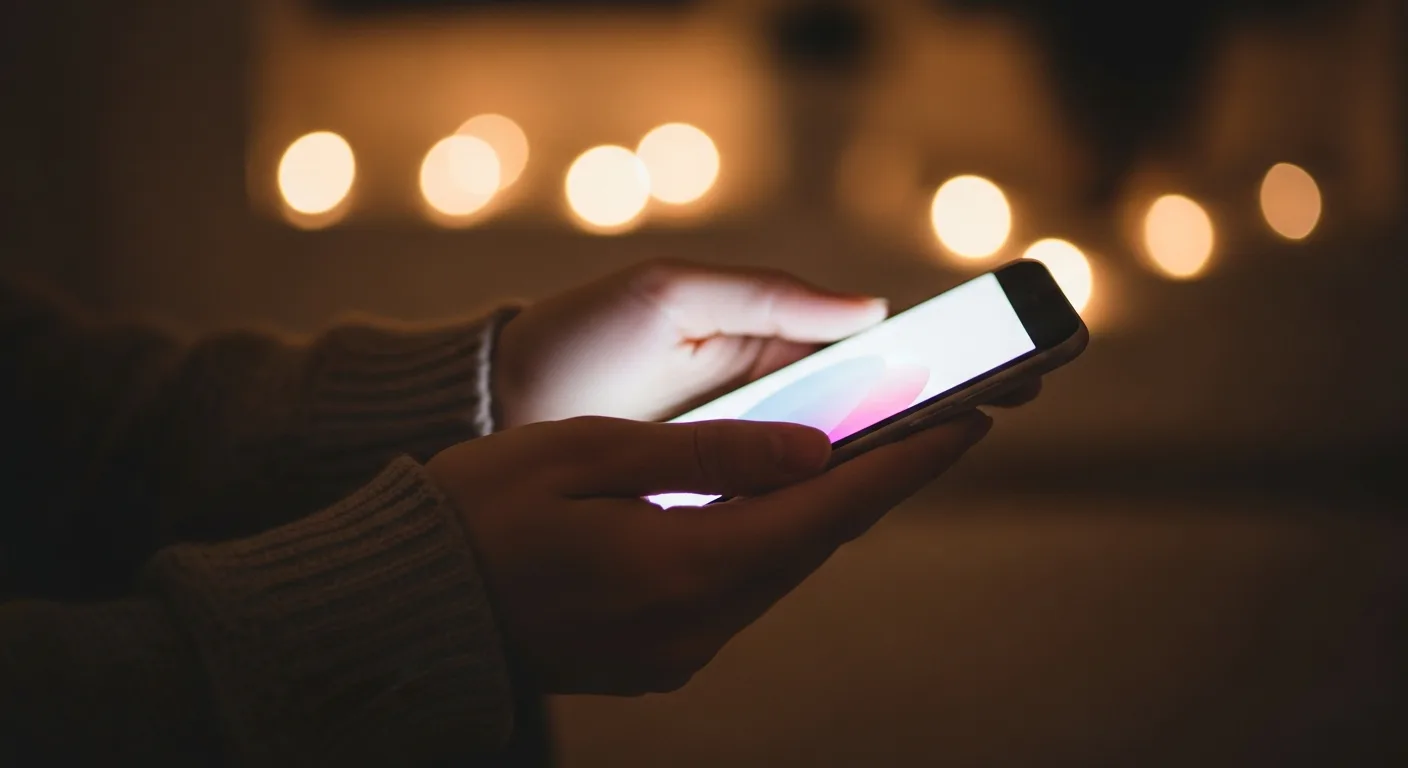 A person's hands cradling a softly glowing smartphone in a dimly lit room in the evening, suggesting a comforting digital connection. A person's hands cradling a softly glowing smartphone in a dimly lit room in the evening, suggesting a comforting digital connection.