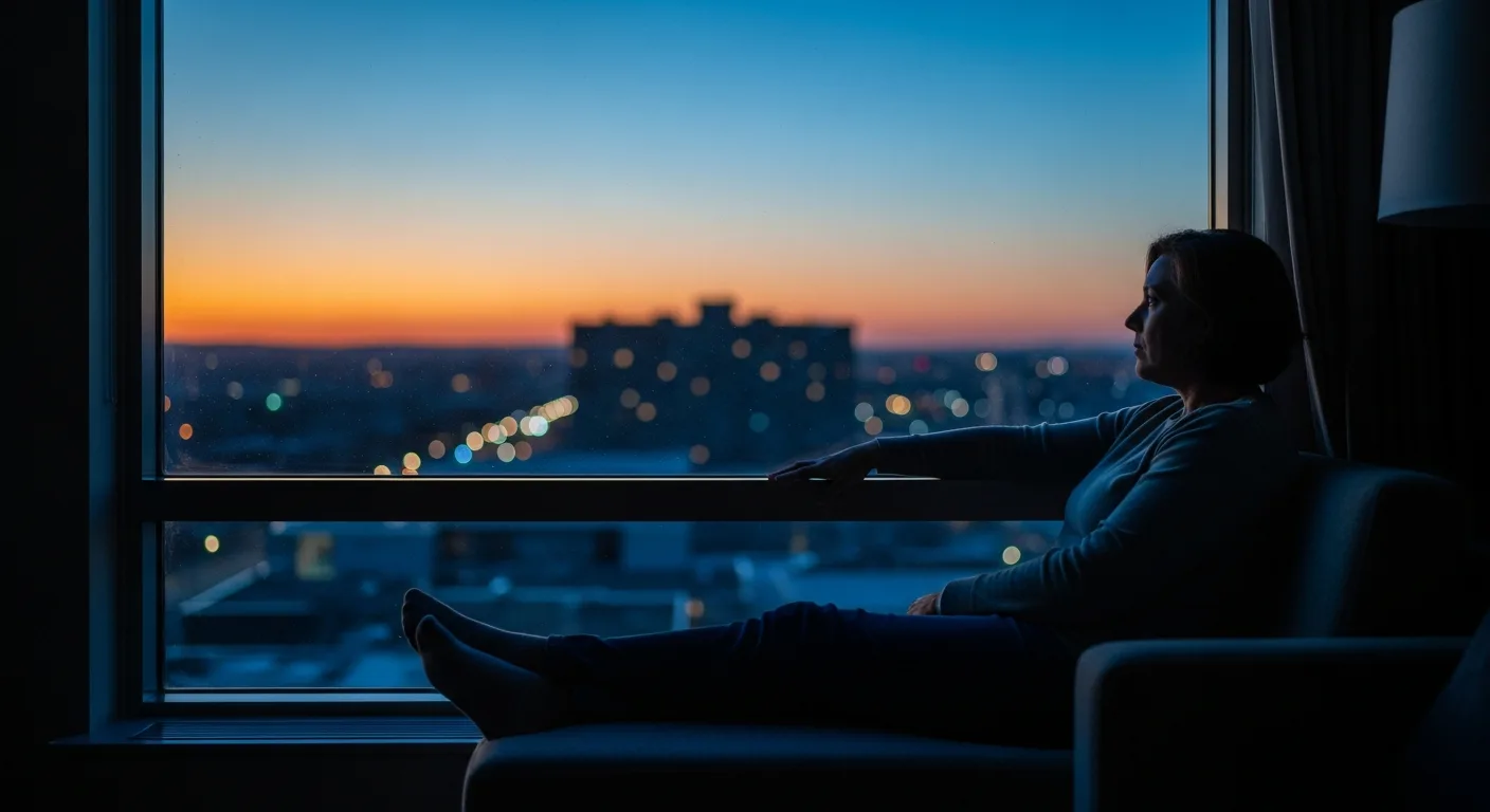 A person sitting alone by a large window at dusk, looking out reflectively in a balanced mix of cool and warm light. A person sitting alone by a large window at dusk, looking out reflectively in a balanced mix of cool and warm light.