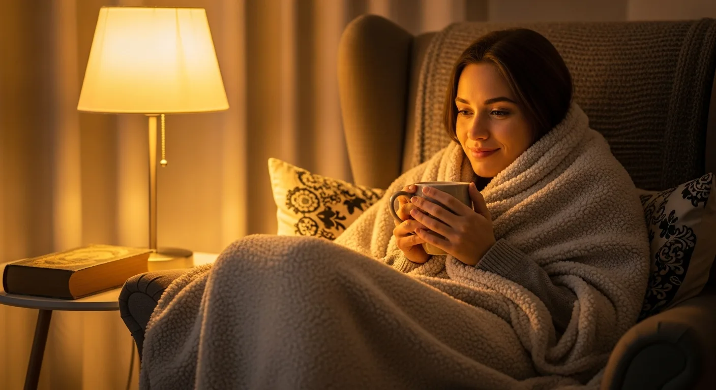 A young woman curled up under a warm blanket in a comfy armchair in the evening, holding a mug with a contented smile in a relaxed home setting. A young woman curled up under a warm blanket in a comfy armchair in the evening, holding a mug with a contented smile in a relaxed home setting.