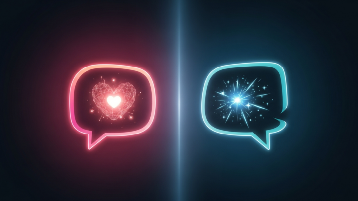 Two glowing speech-bubble emblems, one warm pink with a heart motif and one cool teal with a sparkle, representing two AI chat companions compared side by side