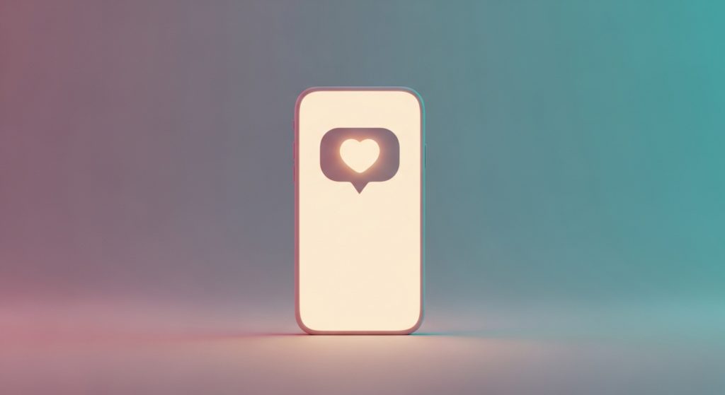 Conceptual illustration of a smartphone glowing with a warm heart-lit chat bubble, representing an AI companion shaped to feel affectionate