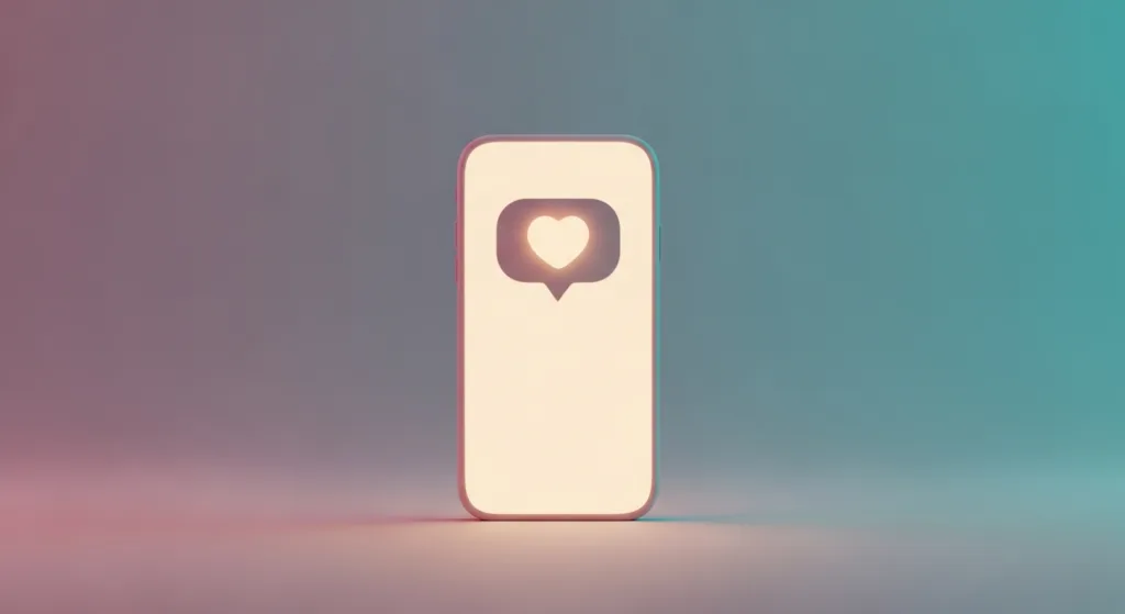 Conceptual illustration of a smartphone glowing with a warm heart-lit chat bubble, representing an AI companion shaped to feel affectionate