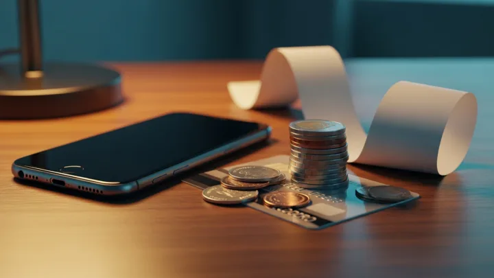 Smartphone face-down on a desk beside coins, a credit card and a receipt, illustrating the real monthly cost of AI girlfriend and AI companion chat app subscriptions.