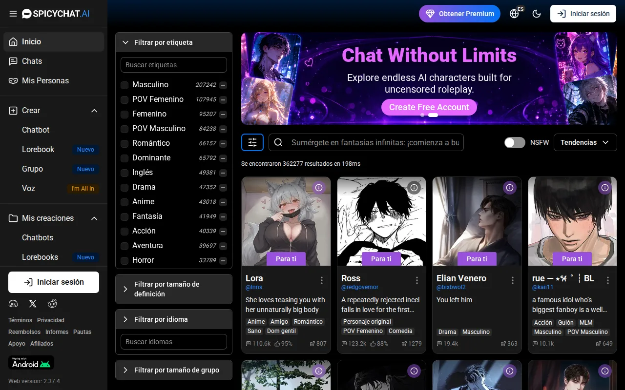SpicyChat interface (2026) SpicyChat interface (2026)