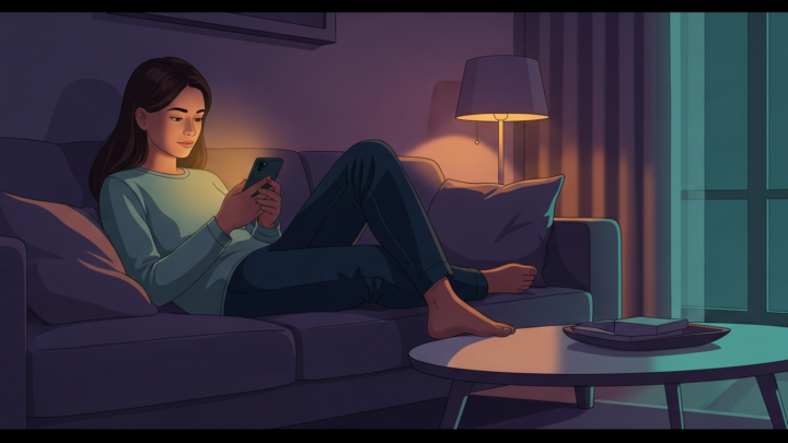 Young woman relaxing on a couch late at night lit by the warm glow of her phone, evoking late-night AI companion chats