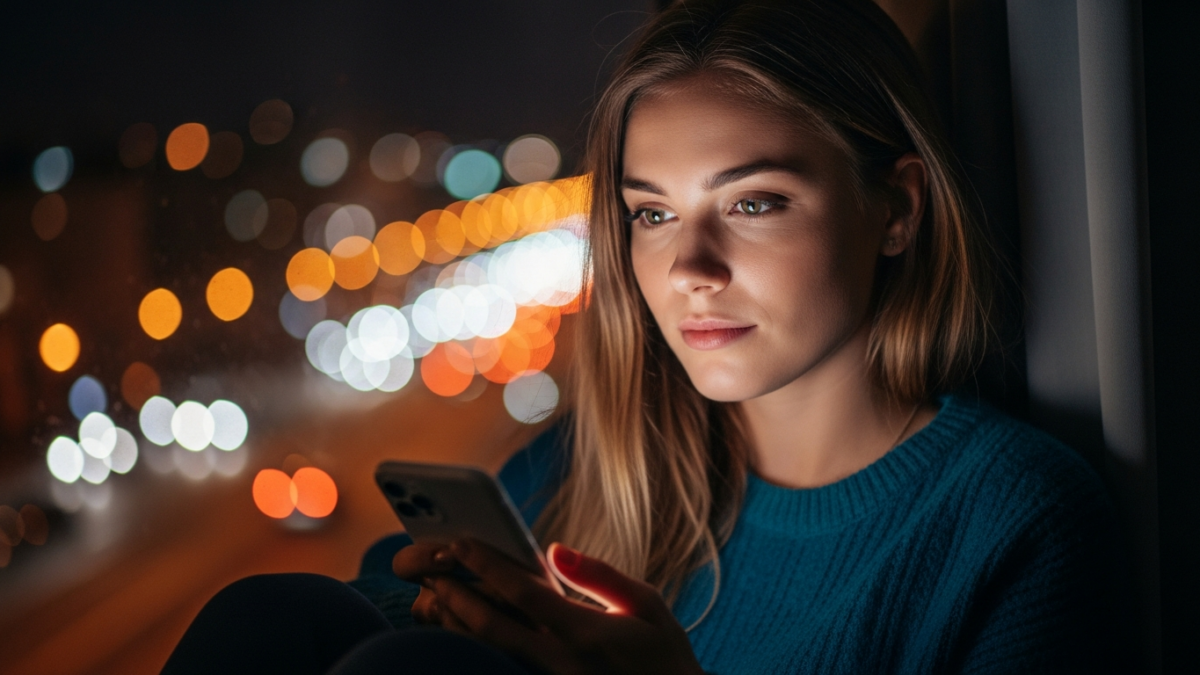 A woman sitting by a window at night holding a glowing smartphone, warm city bokeh behind her, evoking a quiet late-night conversation
