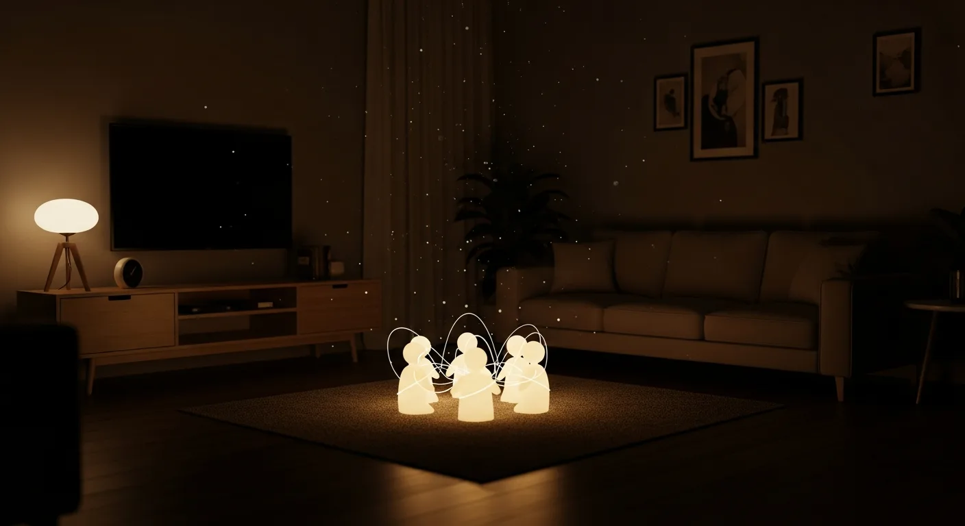 Nomi’s multi-companion social circle, visualized as a warm group of glowing companion figures