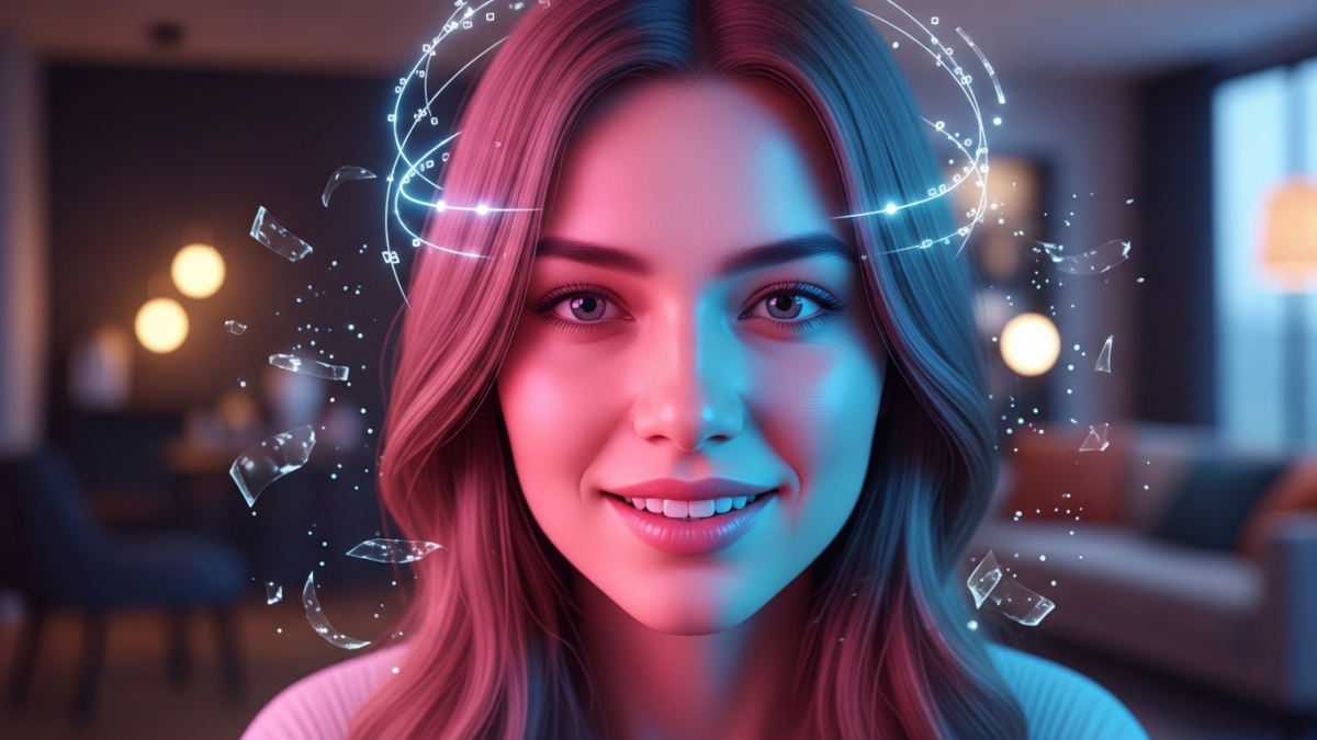 Smiling AI companion virtual girlfriend character surrounded by glowing holographic digital particles in a cozy modern room Smiling AI companion virtual girlfriend character surrounded by glowing holographic digital particles in a cozy modern room