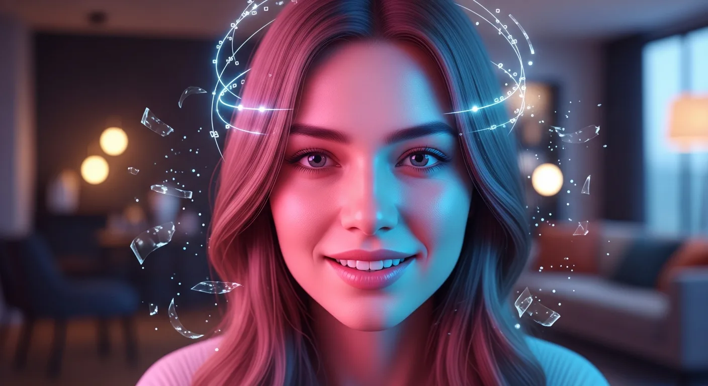 Smiling AI companion virtual girlfriend character surrounded by glowing holographic digital particles in a cozy modern room