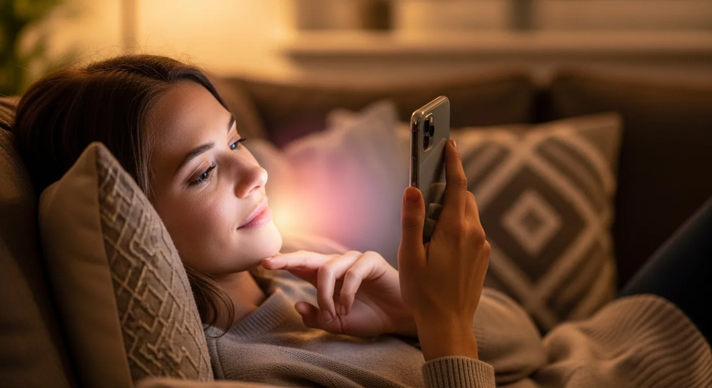 A woman relaxing on a couch in the evening using the Candy AI companion app on her phone, which casts a warm pink glow