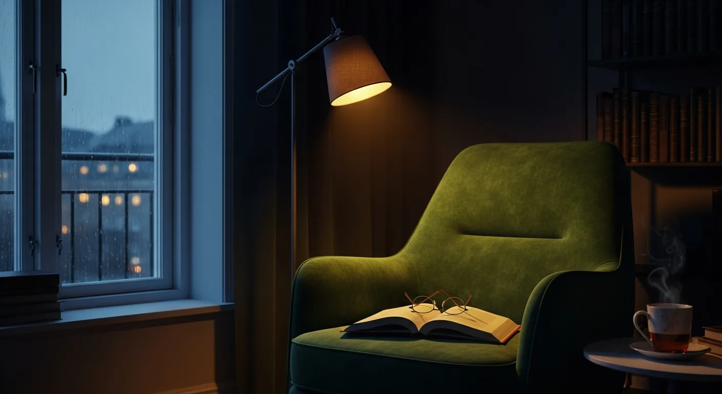 Warm lamplit emerald armchair and open book in a cozy Copenhagen apartment at dusk, evoking an intimate one-to-one persona Warm lamplit emerald armchair and open book in a cozy Copenhagen apartment at dusk, evoking an intimate one-to-one persona
