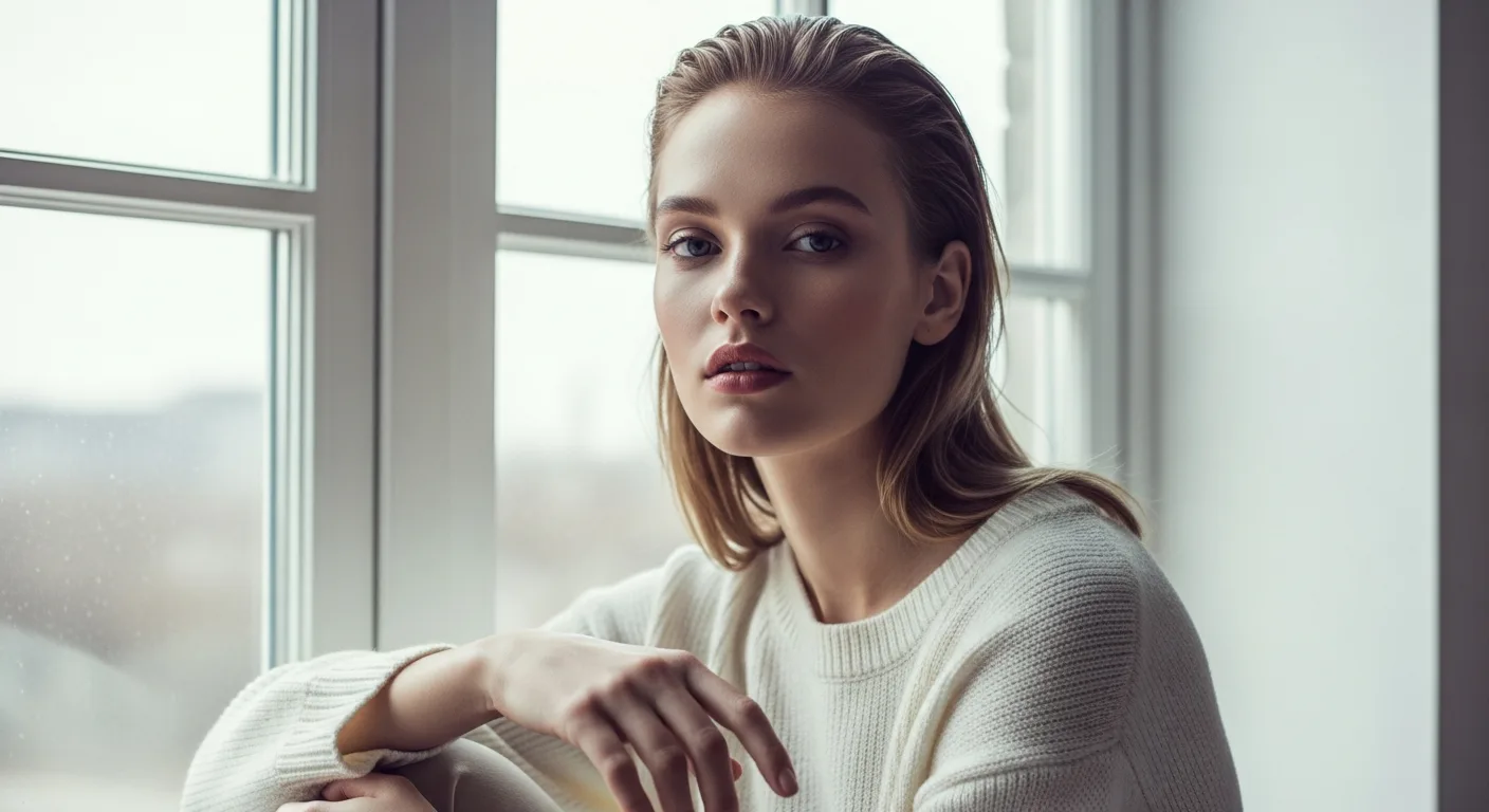 Poised Scandinavian AI fashion model with consistent light-blonde styling by a soft Copenhagen window Poised Scandinavian AI fashion model with consistent light-blonde styling by a soft Copenhagen window