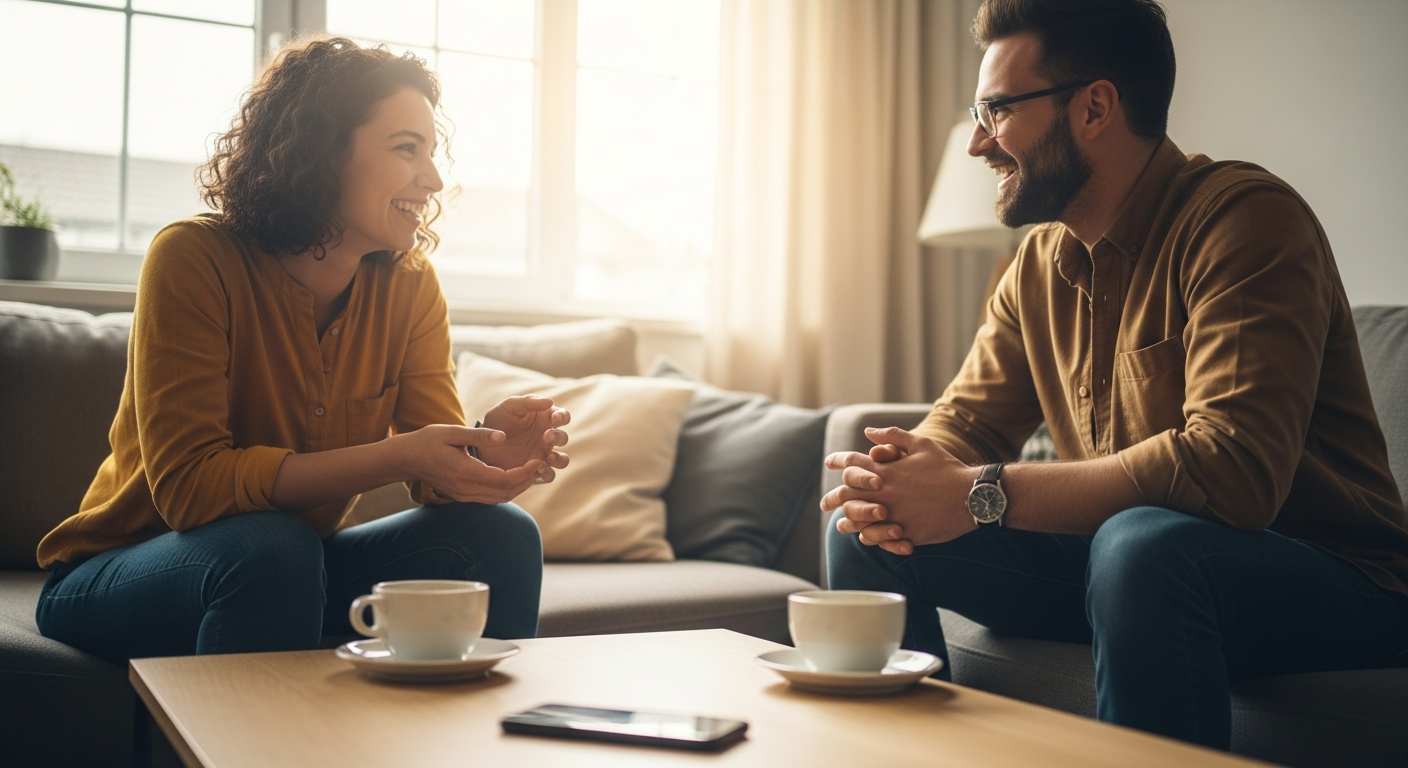 Two friends talking together on a sofa with a smartphone set aside, symbolizing balancing AI companionship with real relationships