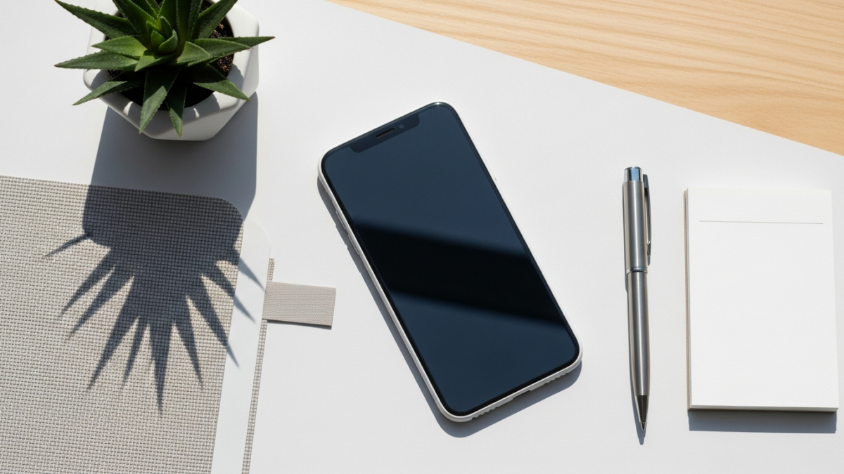 Smartphone with a blank screen lying on a bright white desk beside a small potted succulent, a pen, and a blank notepad — a month of daily AI girlfriend app testing