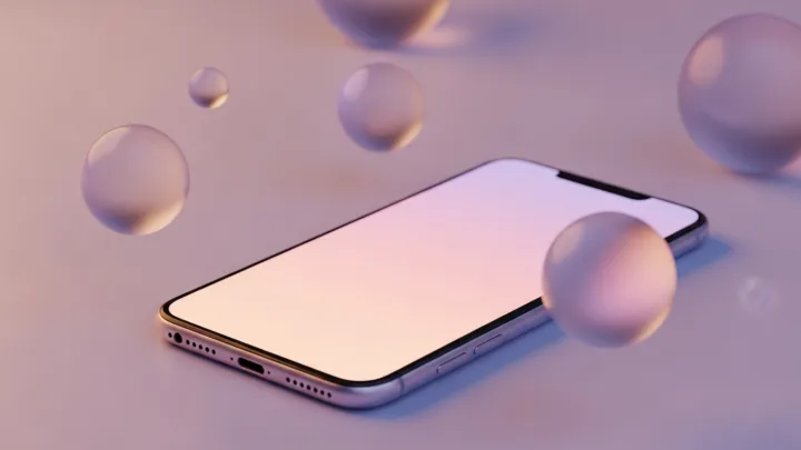 Smartphone glowing on a pastel desk surrounded by soft floating shapes, illustrating choosing a first AI girlfriend app
