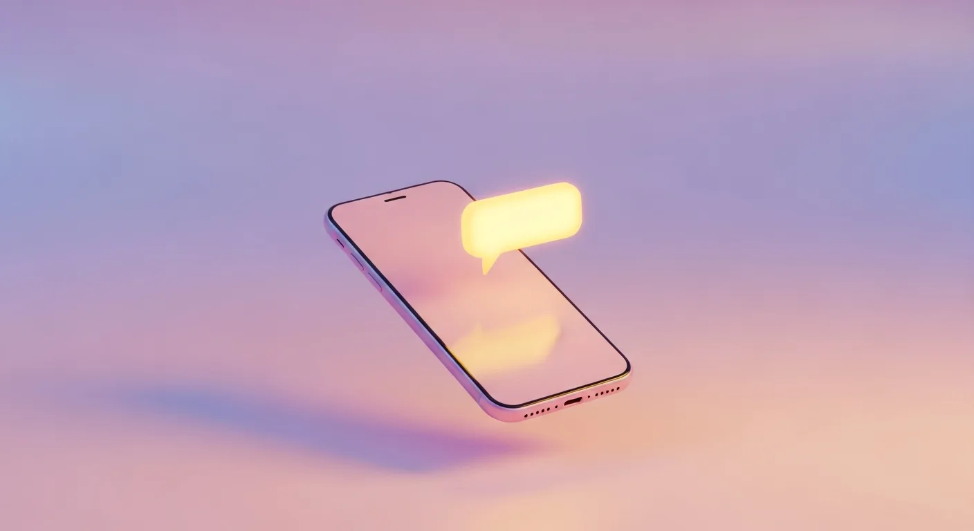 Smartphone with a warm glowing chat bubble representing an AI girlfriend app
