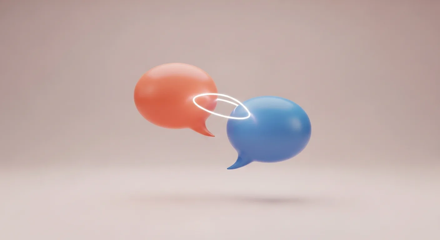 Two glowing coral and blue speech bubbles linked by a filament of light, symbolizing natural conversation timing Two glowing coral and blue speech bubbles linked by a filament of light, symbolizing natural conversation timing