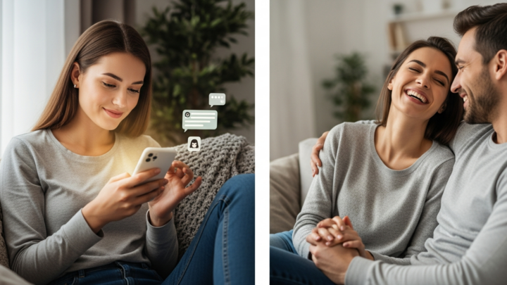 Split-screen illustration: a woman chatting with an AI companion app on her phone on the left, versus enjoying a real-life relationship with a human partner on the right.