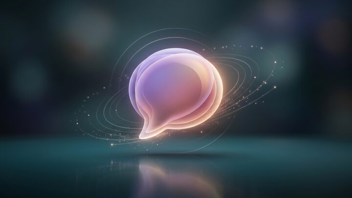 Abstract editorial illustration of a glowing translucent speech bubble with light particles on a dark teal background, representing AI companion conversation