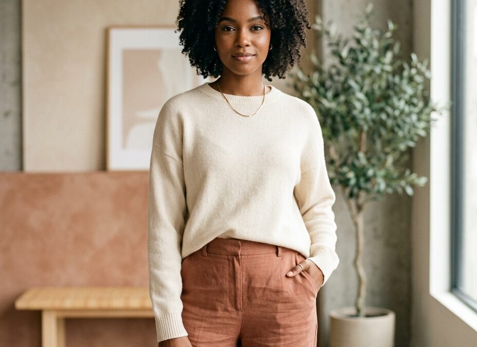 Editorial portrait of a stylish young woman in a minimalist studio, illustrating the AI influencer aesthetic
