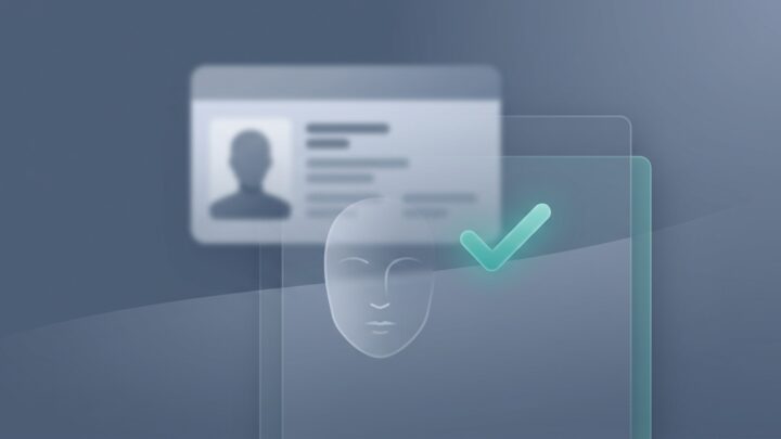 Abstract minimalist tech-editorial illustration of AI age verification, an ID-card silhouette and a subtle facial scan outline with a glowing checkmark