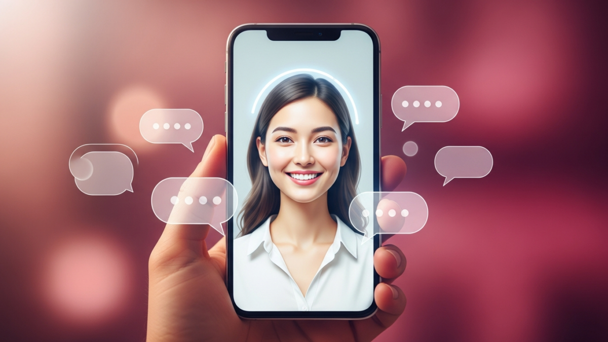 A hand holding a smartphone showing a smiling AI companion avatar with chat bubbles, illustrating the Candy AI app