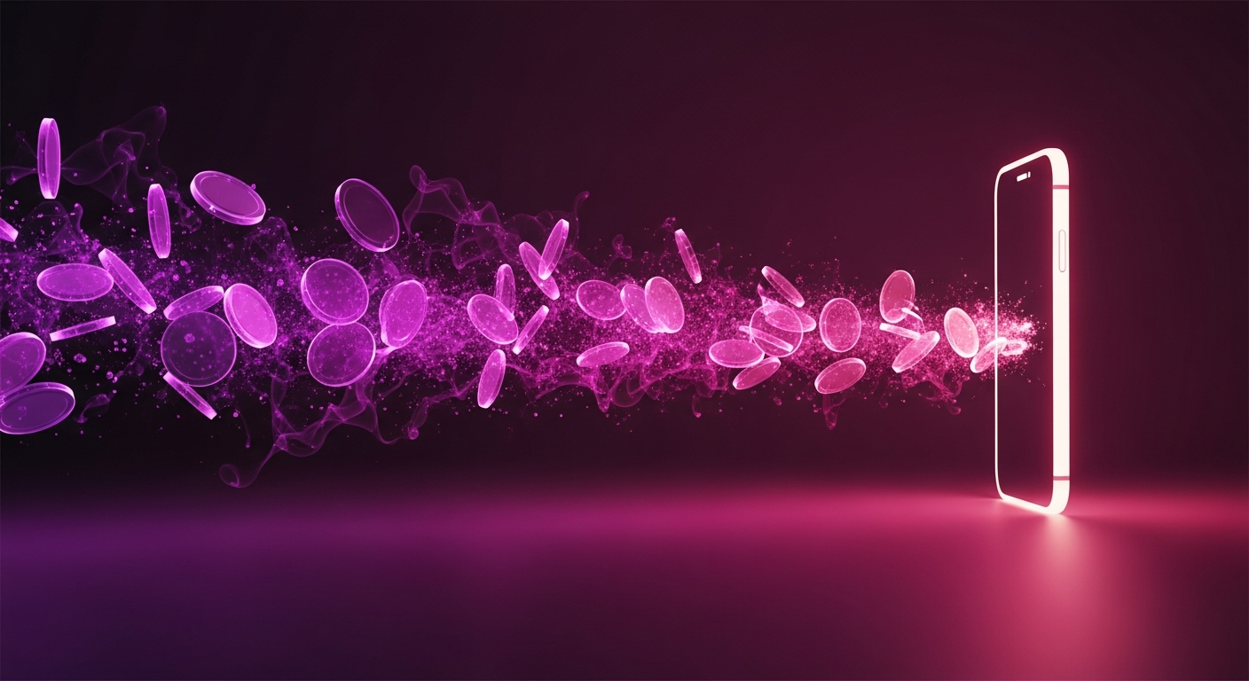 Abstract illustration of glowing tokens flowing into a smartphone, representing Candy AI's pay-per-action token meter