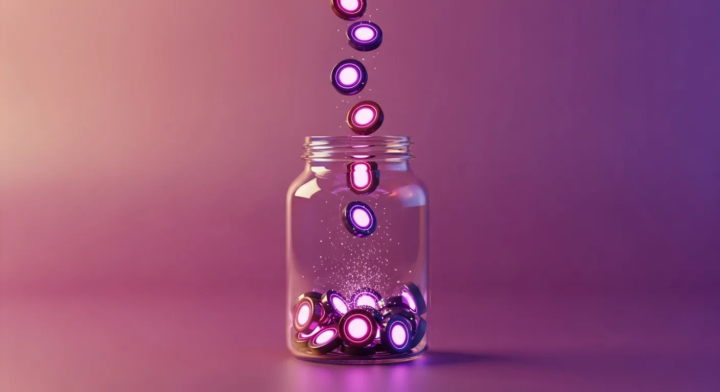 A jar of glowing tokens spilling out, illustrating how Candy AI's 100 monthly tokens drain