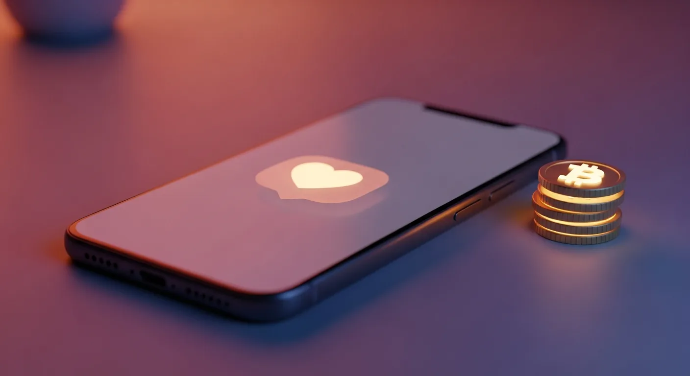 A smartphone with a heart icon beside glowing tokens, illustrating the emotional value behind paying for an AI companion