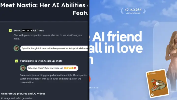 Side-by-side screenshots of the Nastia and Replika websites, showing each app feature page for a head-to-head comparison
