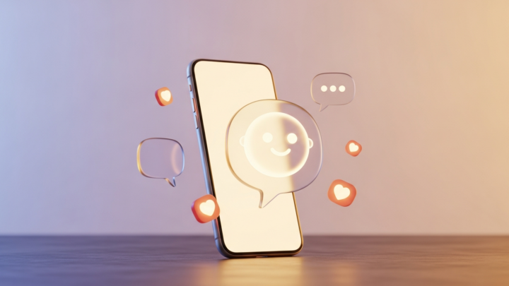 A smartphone showing a friendly AI companion chat app with a smiling avatar and chat bubbles