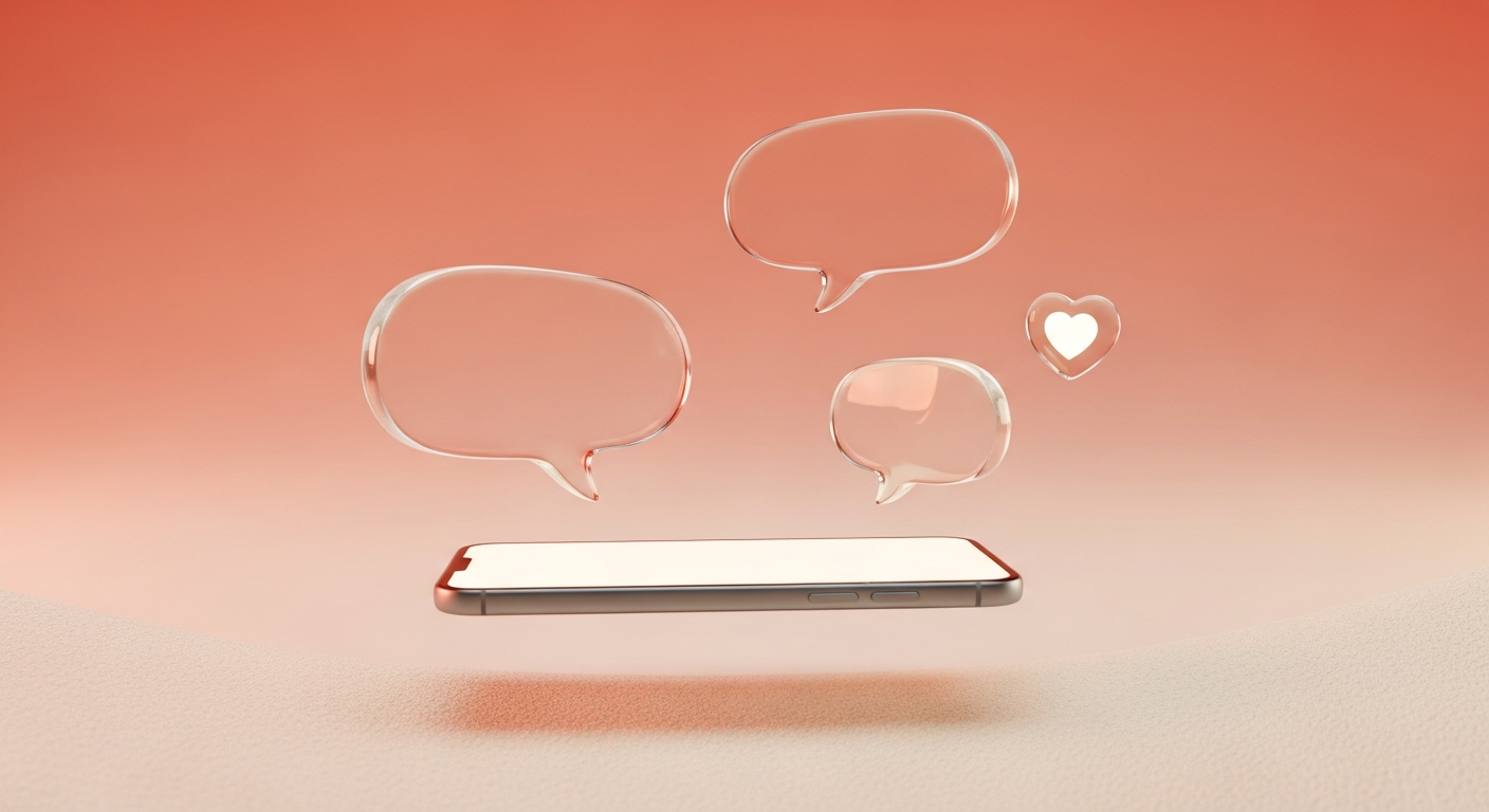 A smartphone surrounded by translucent speech bubbles and a heart glyph, representing Replika Pro relationship features A smartphone surrounded by translucent speech bubbles and a heart glyph, representing Replika Pro relationship features