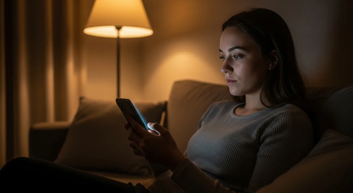 Person sitting alone on a sofa in a dim living room at night, lit by a warm lamp, looking at a glowing phone screen