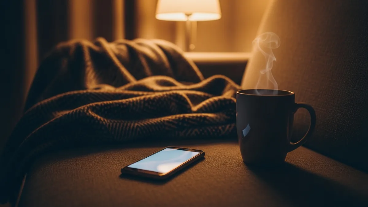 Mug of tea and a folded blanket beside a face-down phone on a sofa