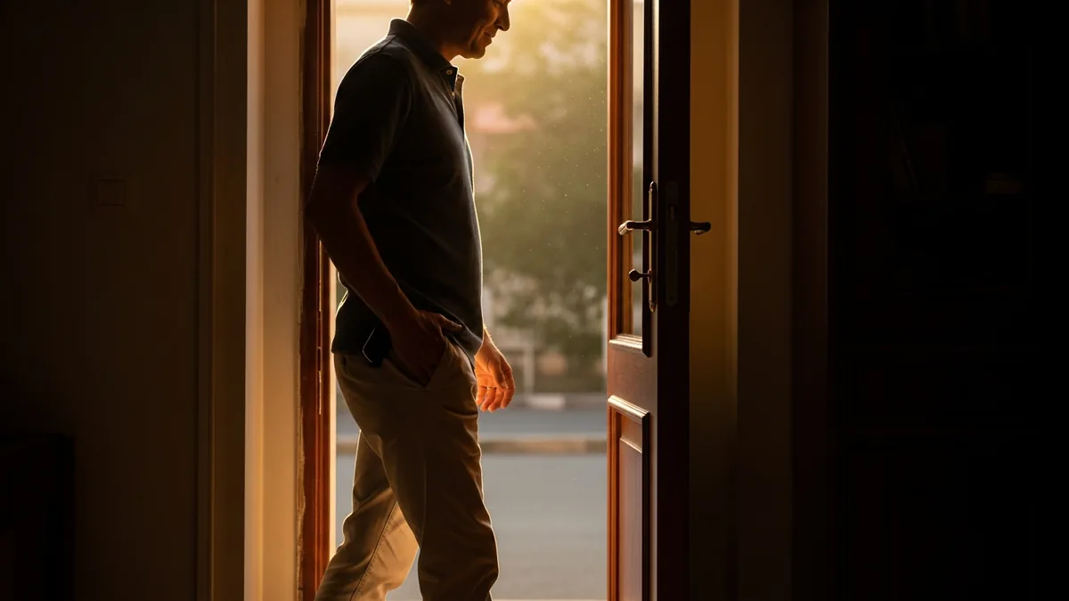 Person stepping outside into morning daylight after a quiet night indoors