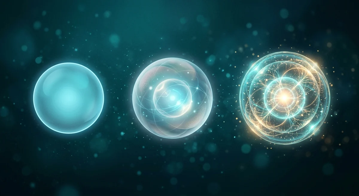 Three glowing orbs of increasing size and complexity representing the basic, mid and advanced tiers of AI girlfriend apps Three glowing orbs of increasing size and complexity representing the basic, mid and advanced tiers of AI girlfriend apps