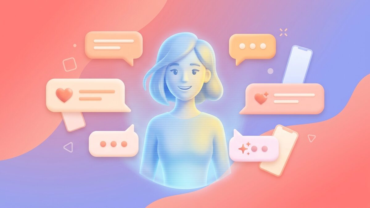 Stylized holographic AI companion avatar with soft floating chat bubbles on a coral and lavender gradient background